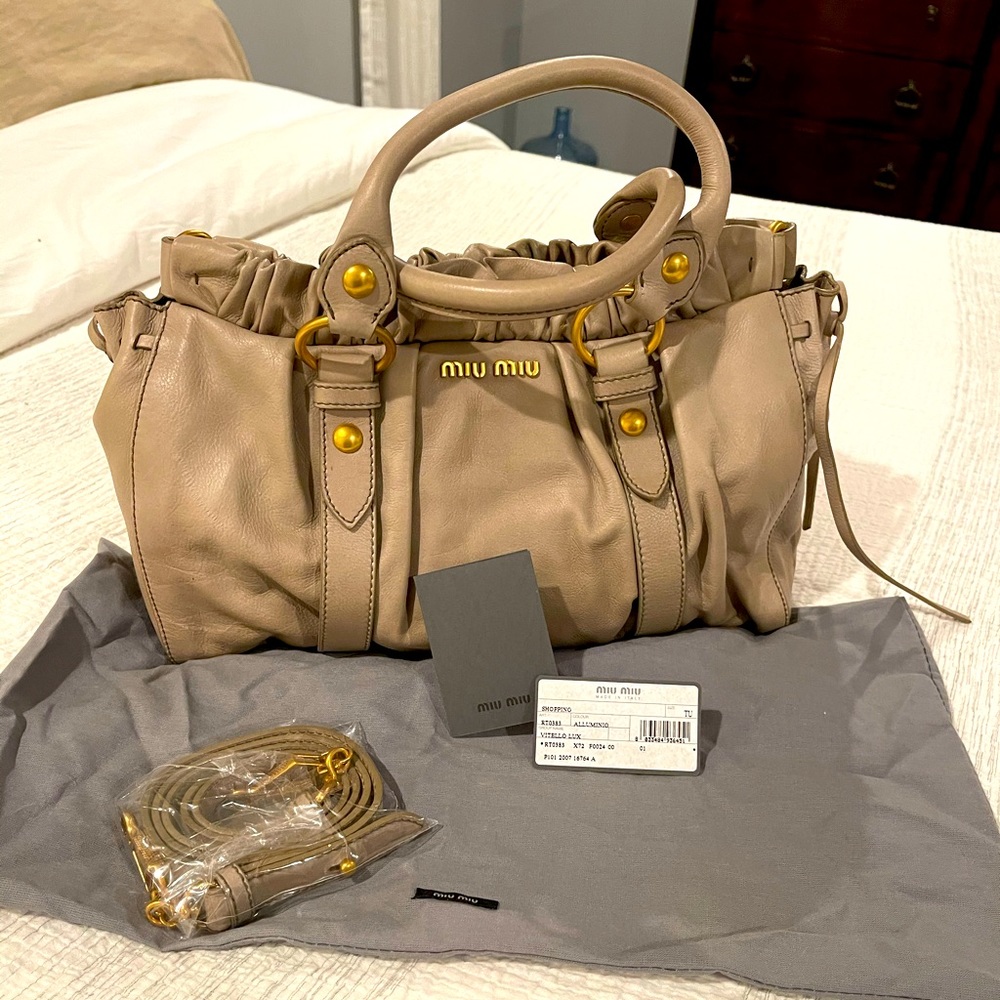Miu Miu Beige Leather Shoulder Bag with Gold Hardware